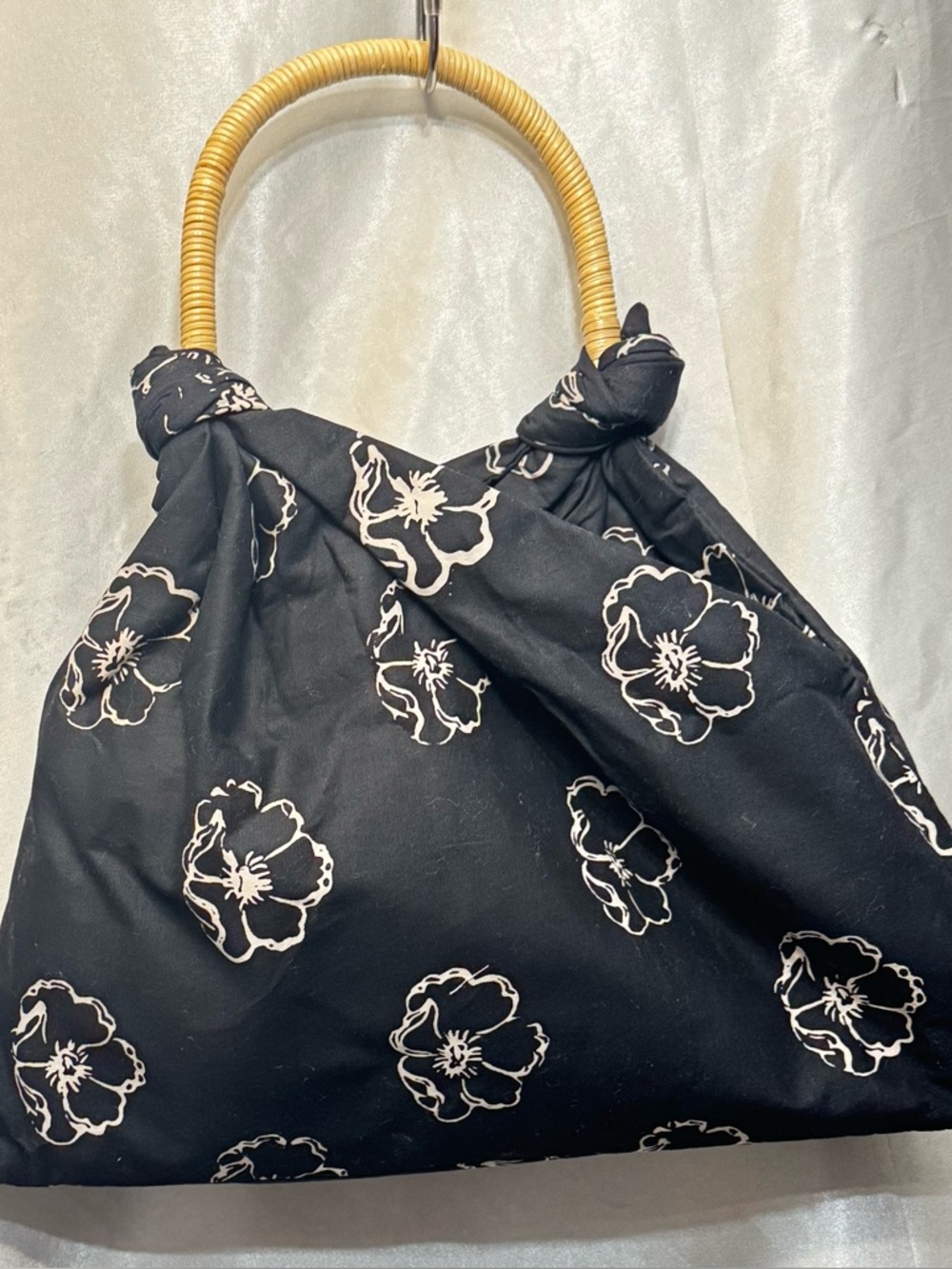 Kayu Black Floral Knot-Top Tote with Natural Bamboo Handle